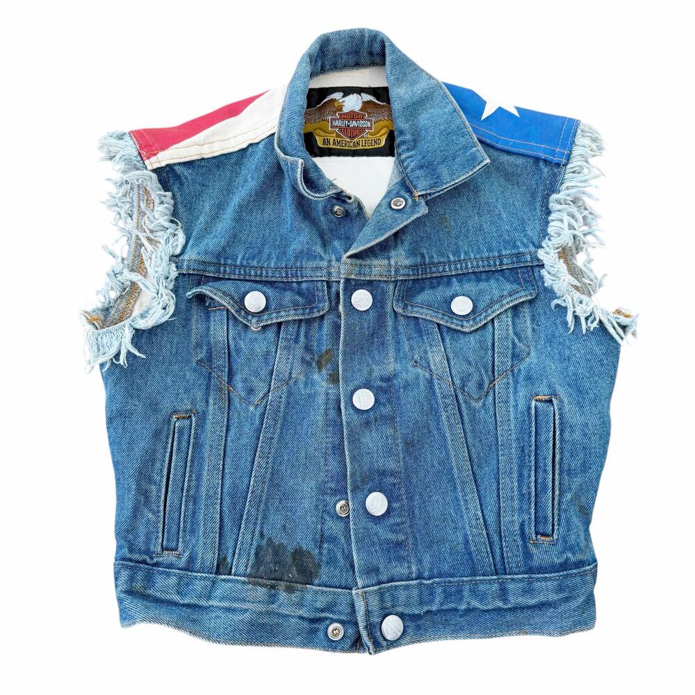 Harley Davidson Denim Frayed Vest American Flag Sz S
